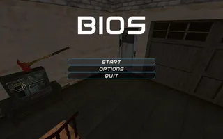 BIOS — title-screen robot silhouette against a red sky