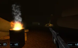 BIOS — ruined junkyard opening level bathed in orange fog